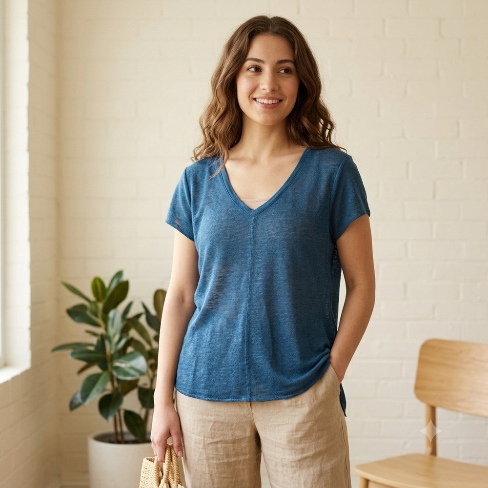 Tahari Womens Linen Top XL Blue V-Neck Short Sleeve Slub Knit Coastal Grandma